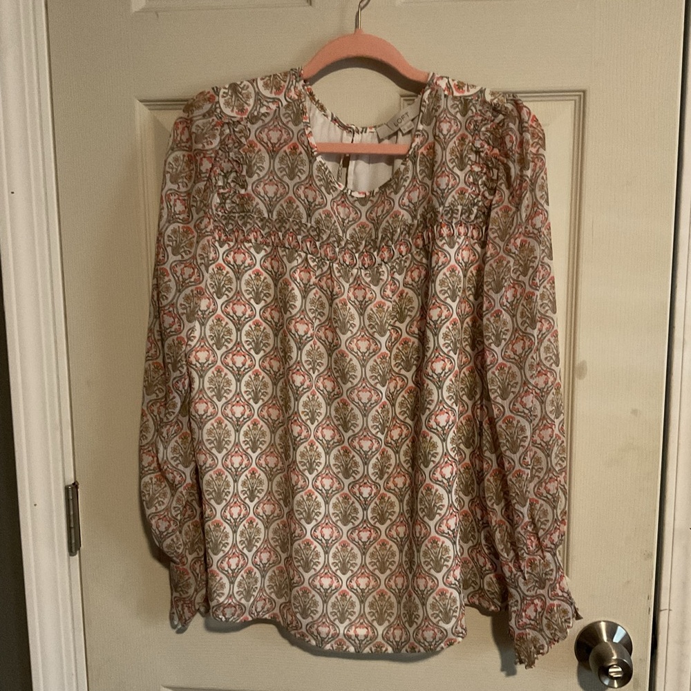 LOFT Cream and Brown Smocked Blouse with Cuffed Sleeves